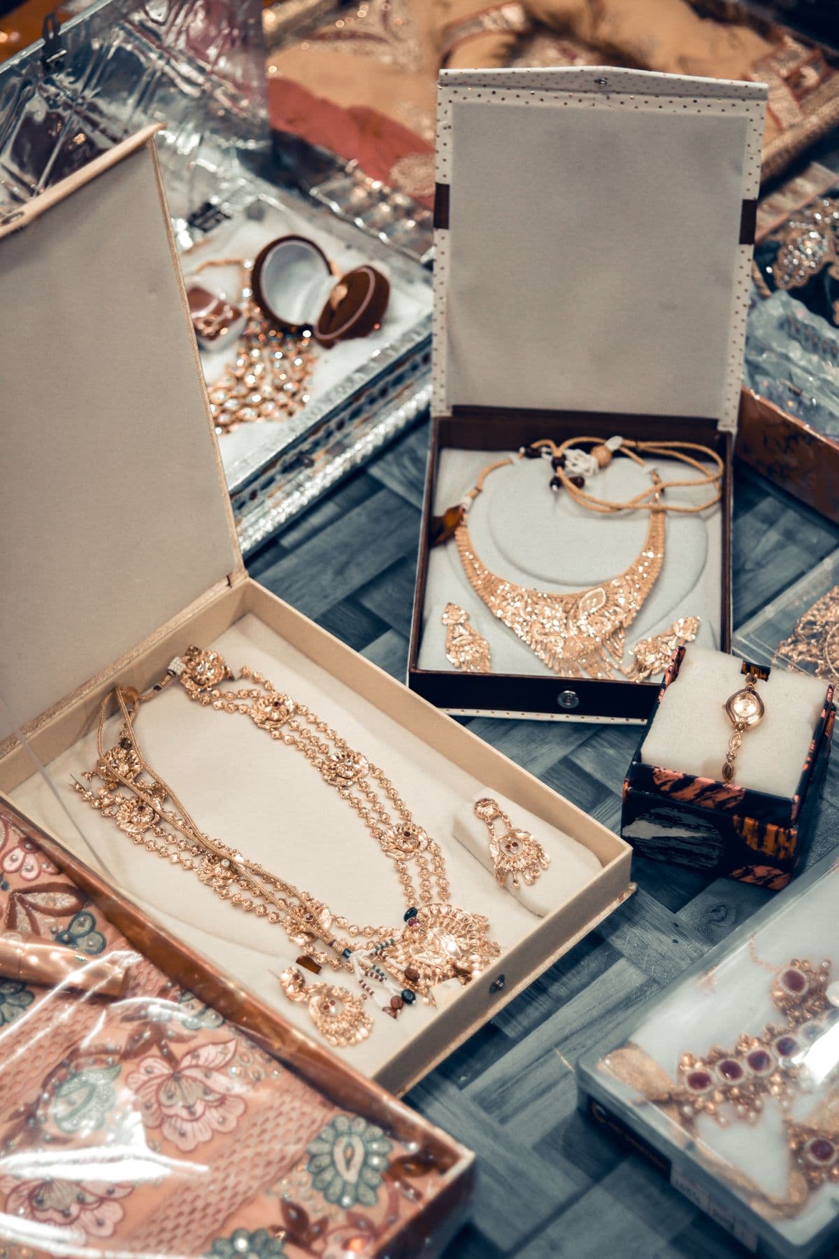 Traditional bridal jewellery set laid out in a presentation case